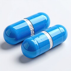 Two blue capsules, one slightly open, filled with small white spheres