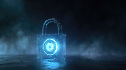 glowing blue padlock with a hud interface on a dark background with fog symbolizing cybersecurity and data protection for cybersecurity awareness month 
