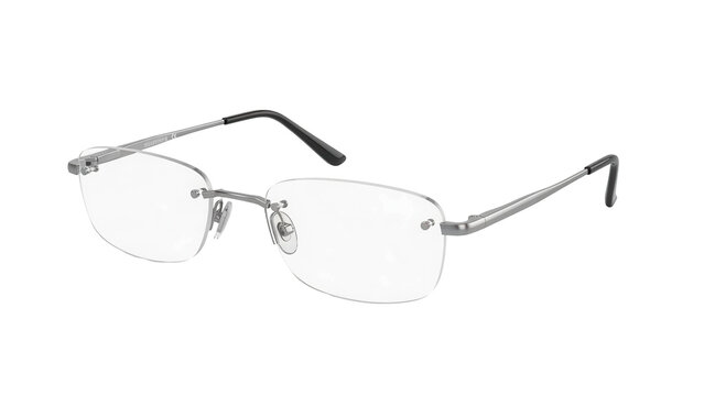 Rimless eyeglasses with clear lenses and silver frames, cut out, stock png, isolated on transparent background