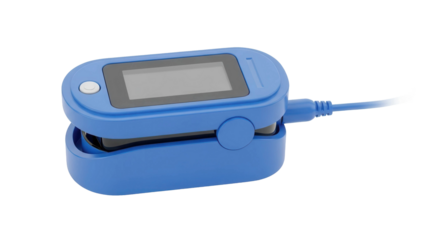 Blue pulse oximeter with display and button, healthcare medical device, cut out, stock png, isolated on transparent background