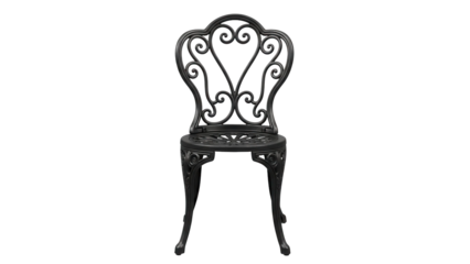 Decorative black metal garden chair with ornate scrollwork design, cut out, stock png, isolated on transparent background