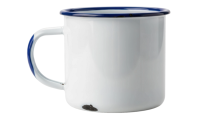 White enamel distressed camping mug with blue rim and handle, cut out, stock png, isolated on transparent background