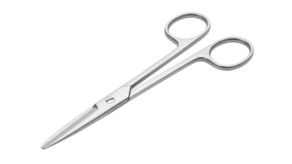 Medical stainless steel surgical scissors lying closed, cut out, stock png, isolated on transparent background