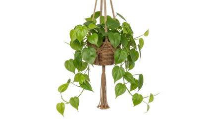 Heartleaf philodendron houseplant with green leaves in a woven macrame hanging pot, cut out, stock png, isolated on transparent background