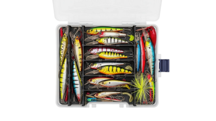 Tackle box full of various fishing lures and essential hooks, cut out, stock png, isolated on transparent background