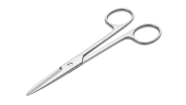 Medical stainless steel surgical scissors lying closed, cut out, stock png, isolated on transparent background