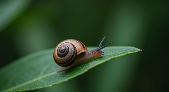Snail on Leaf in Green Environment.