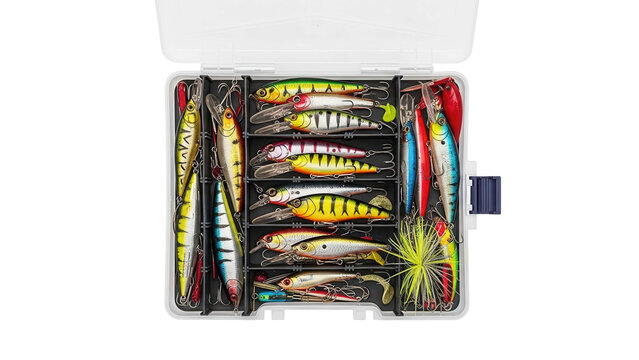 Tackle box full of various fishing lures and essential hooks, cut out, stock png, isolated on transparent background