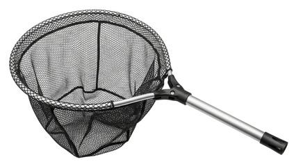 Metal and mesh fishing landing net with black netting, cut out, stock png, isolated on transparent background