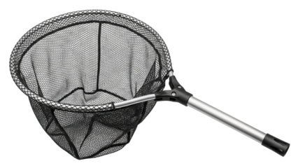 Metal and mesh fishing landing net with black netting, cut out, stock png, isolated on transparent background