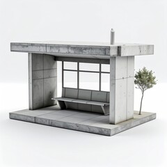 Concrete bus shelter with bench and tree, modern and minimalist style