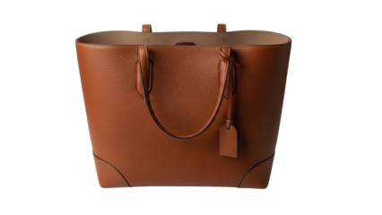 Brown leather tote bag with open top and handles, cut out, stock png, isolated on transparent background