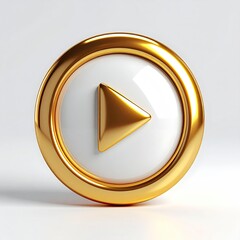 Shiny, golden button with white center and play symbol on white background