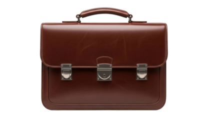 A classic brown leather briefcase with metal clasps, cut out, stock png, isolated on transparent background