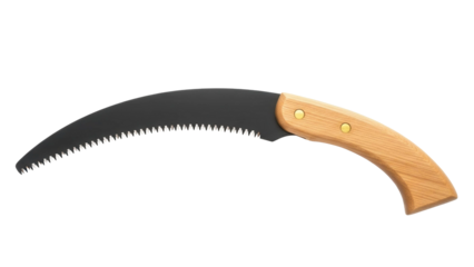 Curved pruning saw with wooden handle for gardening, cut out, stock png, isolated on transparent background