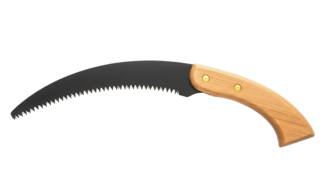 Curved pruning saw with wooden handle for gardening, cut out, stock png, isolated on transparent background - Powered by Adobe