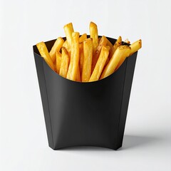 Crispy golden fries overflowing a dark trapezoidal carton on white