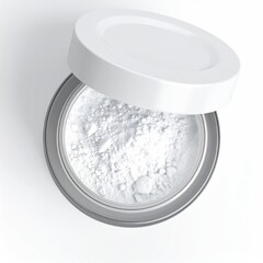 Overhead shot of open cosmetic container filled with white powder