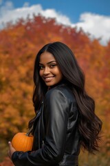 Young woman in autumn setting with pumpkin