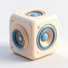 Beige cube speaker with multiple speakers, a soft, smooth, pastel aesthetic