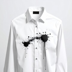 White button-down shirt with black ink splatters across the front