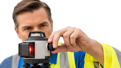 Professional man in high-vis vest operating a laser level for surveying and precise measurement on white background