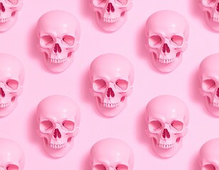 Pink skulls arranged in a symmetrical pattern on a pink background