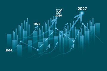 Stock Market Investment Growth Chart 2024&ndash;2027 with Arrow Up, Trading Graph, Business Analytics Line Chart and Financial Data Visualization for Trade and Finance, Vector or JPEG.
