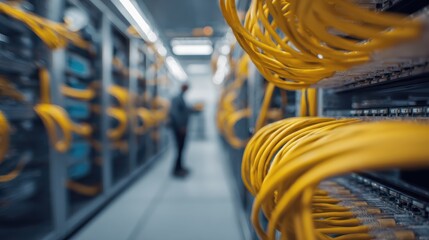 server room with yellow cables and a blurred figure working on equipment  