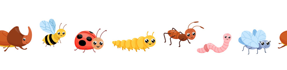 Seamless border with cute bugs. Childish endless pattern isolated on white background © Elena
