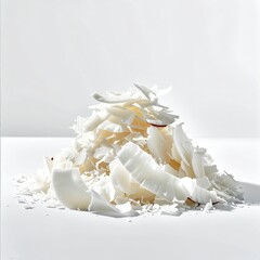 Pile of shredded white coconut on a minimalist white surface
