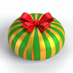 Circular gift with green & gold stripes and a red bow