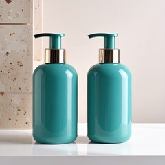 Two teal liquid soap dispensers with gold accents on a white surface