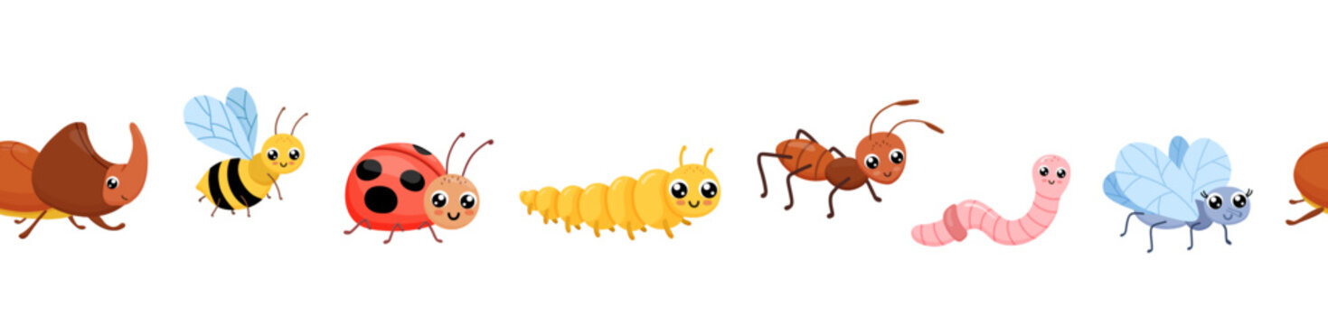Seamless border with cute bugs. Childish endless pattern isolated on white background