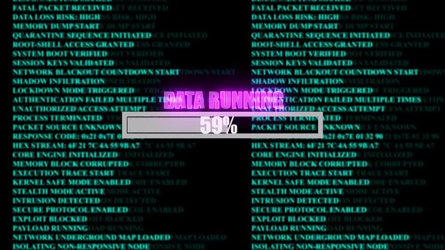 DATA RUNNING glowing progress bar shows 100% percent of ransomware active on a background of computer code programming, shows percent of malware deployed on a background of computer code programming.