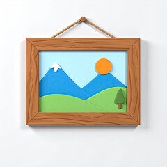 A framed landscape art piece with mountains, sun, tree, and hills