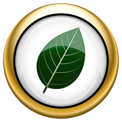 Shiny, circular icon with a gold frame, showing a glossy green leaf