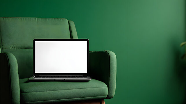 A laptop with a blank white screen on a green sofa and space for text. Illustration of a laptop mockup background.