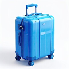 Shiny, hard-shell blue rolling suitcase, standing upright