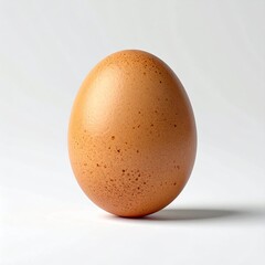 A single, speckled brown egg stands against a white backdrop