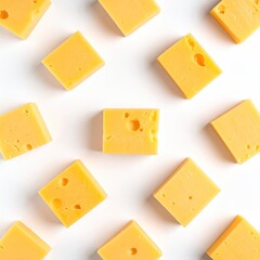 Bright yellow cheese cubes scattered on a clean white background