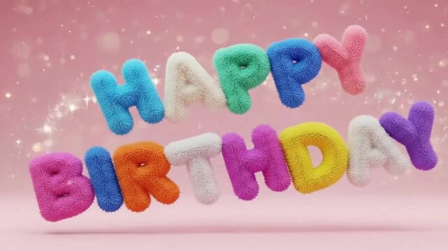 Colorful fuzzy birthday greeting with fluffy letters on pink background
