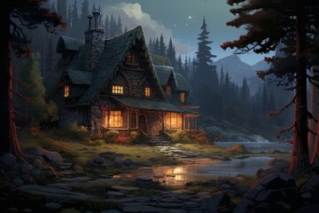 Obraz premium Stone cottage with glowing windows nestled in a tranquil forest setting at twilight, creating a cozy and inviting atmosphere