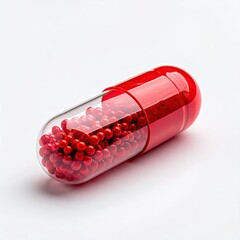 A large, translucent capsule filled with many small, red spherical objects
