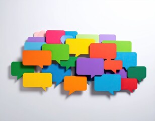 Colorful, layered speech bubbles, arranged in a cluster, on white background