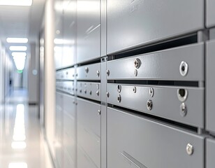 Row of grey, metal mailboxes in a bright, clean corridor