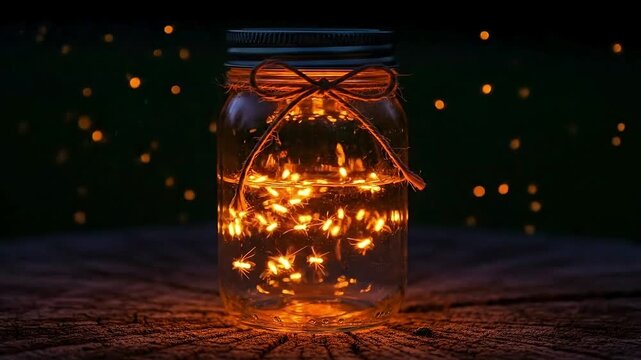 Glowing fireflies trapped in a mason jar on a wooden surface