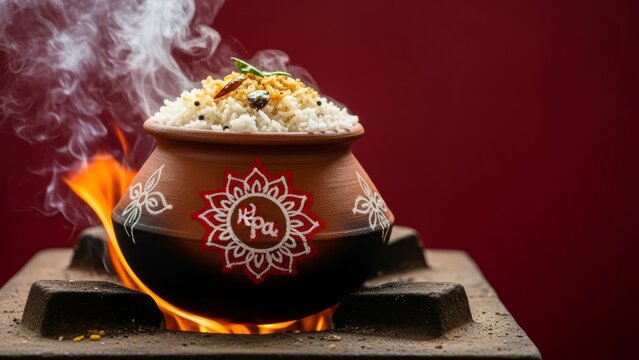 Steaming rice pot cooking over open fire in traditional village kitchen
