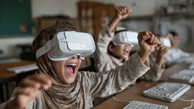 Excited refugee kids investigating virtual worlds in a digital classroom, symbolizing access to modern education, STEM inclusion, and the next wave of capable global citizens