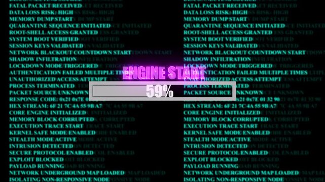 ENGINE START glowing progress bar shows 100% percent of ransomware active on a background of computer code programming, shows percent of malware deployed on a background of computer code programming.